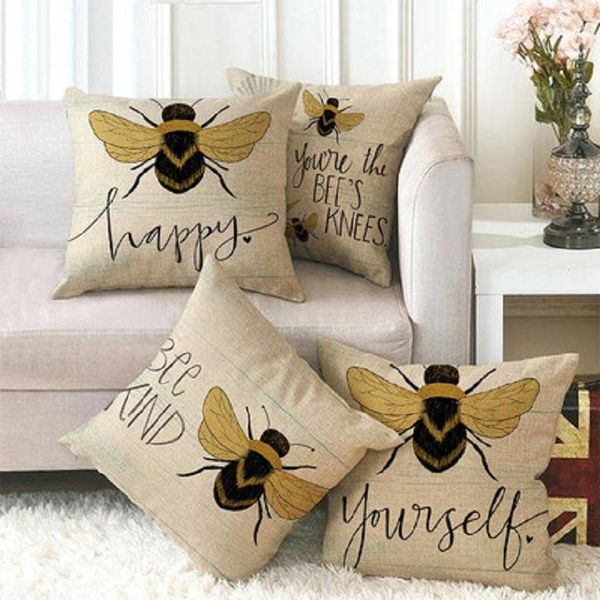 Funda de almohada con diseño de arte de abeja pequeña amarilla, funda de almohada pequeña y fresca, funda para sofá, coche, decoración del hogar