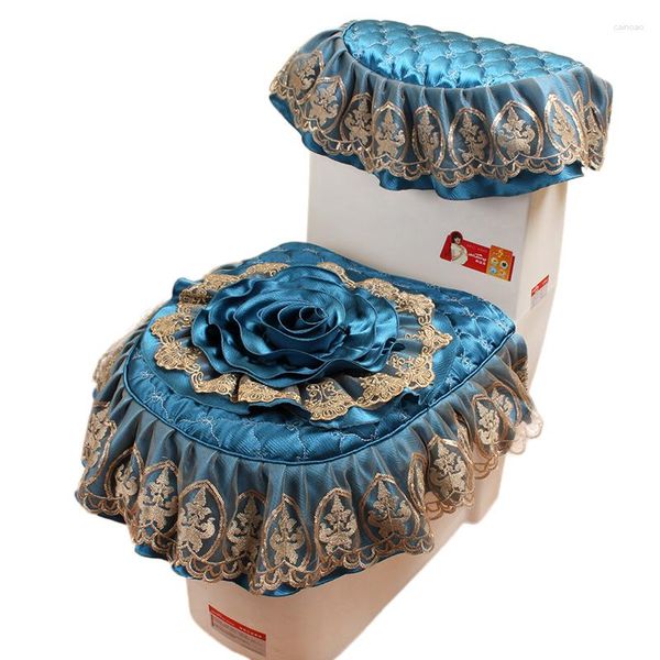 Almohada de lujo de estilo europeo, juego de inodoro de tres piezas, asiento de encaje de tela, cubierta Universal gruesa con cremallera, costura