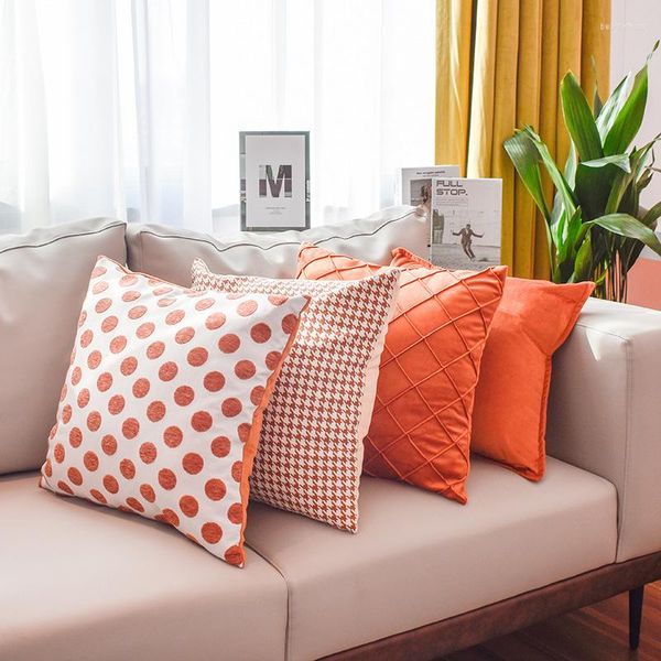 Funda de almohada de chenilla gruesa de Color naranja de lujo, funda de almohada con patrones geométricos de rejilla de golondrina a la moda, cojines decorativos para sofá