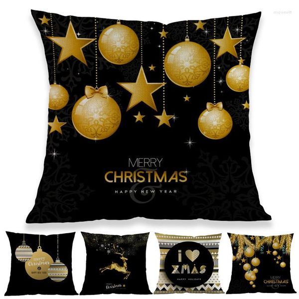 Almohada Feliz Navidad Feliz año Fondo negro Goden Ornamental Ball Alphabe Case Sofá Holiday Funda decorativa