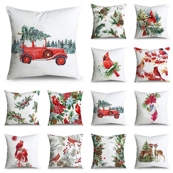 Pillow Feliz Navidad Cubiertas de lanzamiento 40/45/50 cm Cardenales rojos Reindeers Holly Berries Caso para el sofá sofá decoración del hogar