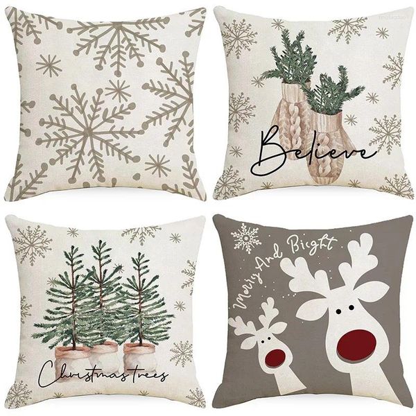 Almohada Feliz Navidad Invierno Vacaciones Cubierta Reno Copo de nieve Funda de almohada Decoraciones temáticas Hogar 2024 G322