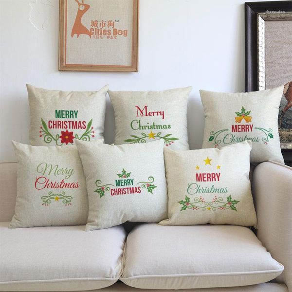 Almohada Feliz Navidad Guirnalda de Navidad Colgante Plantas verdes Funda con letras Sofá para el hogar Festival Decoración Cubierta