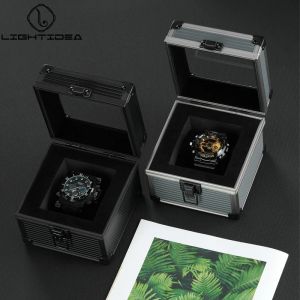Kussen metalen horlogebox enkele vierkante aluminium legeringsbehuizing opbergdoos draagbaar horlogebox met kussen anticollisie transparant glas