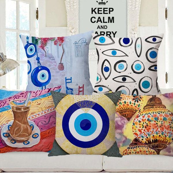 Almohada Oriente Medio Evil Eyes Hamsa mano pintura cartel cubierta hogar decorativo caso