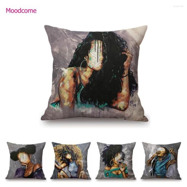 Almohada arte abstracto moderno mosaico mosaico africano mujer negra pintura al óleo sofá decorativo funda de lino cubierta de lino