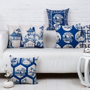 Almohada moderna paisaje chino azul cubierta blanca almohadas decorativas para el hogar cintura gruesa funda de almohada de lino sofá