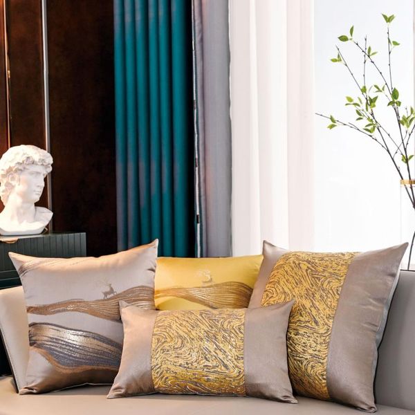 Fundas de almohada modernas ligeras de lujo para sofá, fundas de almohada de cintura de retazos de Jacquard de alta calidad, decoración de cama para el hogar, dorada/decorativa