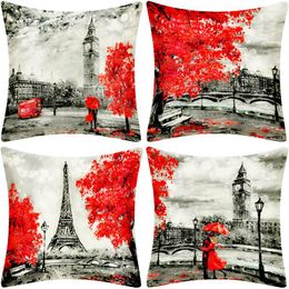 Funda de almohada de lino moderna, romántica, París, Londres, Torre Eiffel, estampado de Big Ben, funda de almohada, funda de sofá para amantes de San Valentín