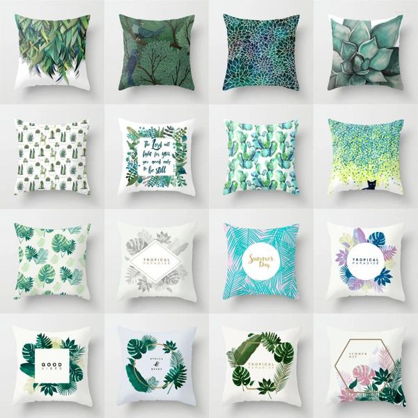 Oreiller moderne plantes tropicales vert bleu couvertures Polyester nordique géométrique guirlande lettres taie d'oreiller florale canapé coussins