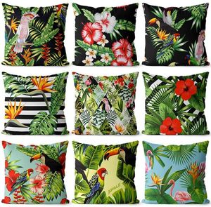 Oreiller carré moderne forêt tropicale humide, taie d'oreiller/almofadas 43 53, Vintage, oiseau, fleur, feuille, couverture verte, décoration de la maison