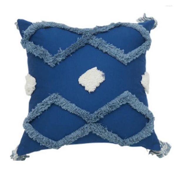 Housse de coussin marocain bleu marine, taie d'oreiller touffetée en Zigzag, faite à la main, pour siège de canapé, pompons, toile décorative pour la maison, 45x45cm