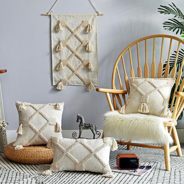 Fundas de almohada marroquí con mechones, decoración para el hogar de granja, funda de sofá geométrica hecha a mano para sala de estar, almohadas de otoño