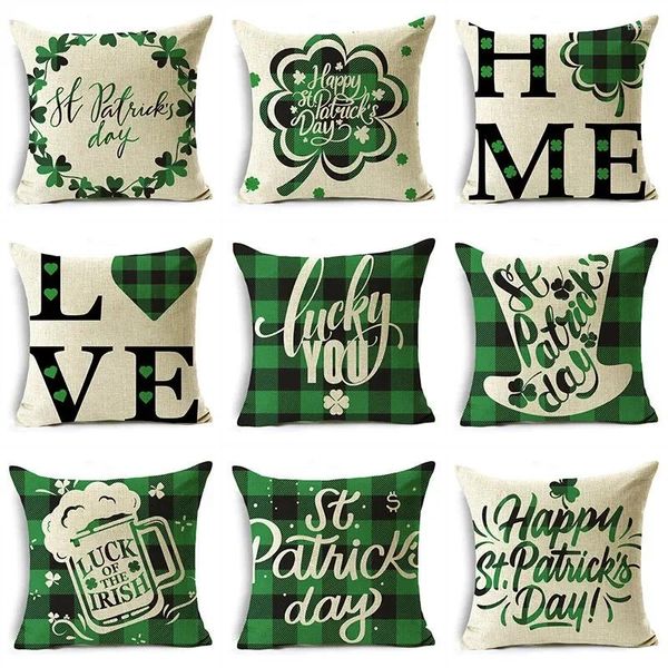 Oreiller MRL St. Patrick's Day Thème Taie d'oreiller Vert et Noir Treillis Trèfle à Quatre Feuilles Motif Couverture Canapé Décor 40/45/50 cm