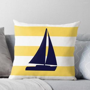 Oreiller nautique bleu marine voilier sur rayures jaune moutarde, housse de décoration d'automne, housse rectangulaire