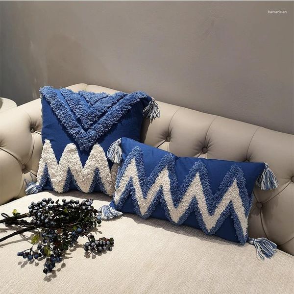 Pillow Caxe bleu marine Zigzag Tufted Handmade For Sofa Seat Tassles Home Decorative Canvas 45x45cm