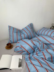 Oreiller Nouveau ensemble de literie bleu 100% coton Luxury Simple Striped Lit Sceau de courtepointe Couette