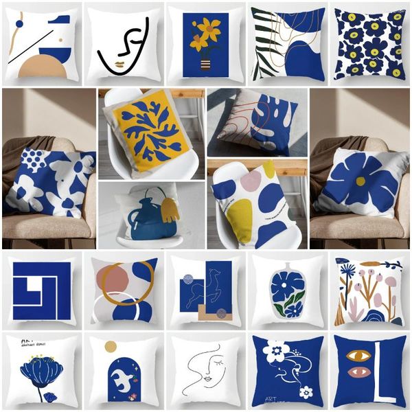 Oreiller nordique abstrait géométrie bleu couvre Simple 47 motifs Art moderne décoratif taie d'oreiller pour canapé canapé décor à la maison