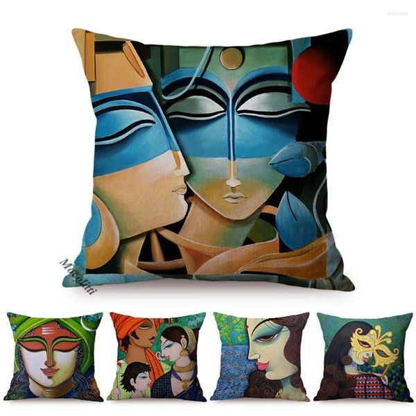 Almohada Pintura al óleo abstracta nórdica Cubierta decorativa para el hogar Nación de la India Obra de arte tradicional Funda de sofá interior Almofadas