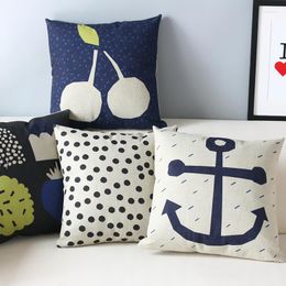 Almohada Nordic Blue Navy Fruit Anchor Cover Home Decorativo Oficina Sofá Funda de almohada 45x45cm