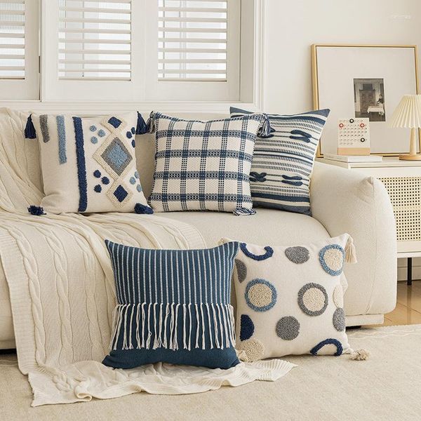 Oreiller nordique bleu touffeté couverture géométrique rayure grille crochet glands décoratif maison S pour canapé