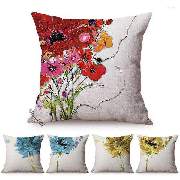 Almohada nórdica con diseño de flores y bocetos, funda decorativa para sofá, funda cuadrada para cama con grafiti de margaritas turquesas