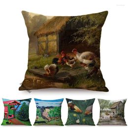 Kussen Noordse boerderij Boer Dier Kip Rooster Oil Painting Art Decoratieve worp Cover Cute Chick Baby Style Sofa Stoel