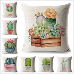 Kussen -Noordse stijl kas decor aquarel cactus plantenbloemen bedrukte deksel voor sofa home polyester kussensloop 45x45 cm