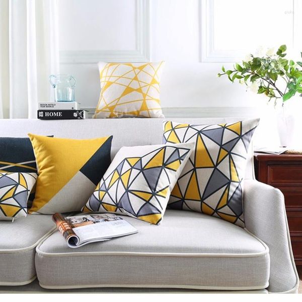 Oreiller Style nordique couverture coton et lin jaune gris géométrique rayé imprimé oreillers décoratifs maison canapé chaise lit décor