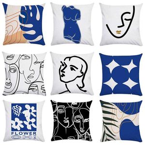 Kussenhoes in Scandinavische stijl met zwart wit geometrisch portret vintage kunst abstract blauw kussensloop bloemontwerp voor bank