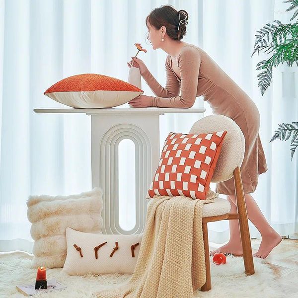 Oreiller Style nordique Orange couverture légère luxe en cuir tissé en peluche oreillers décoratifs maison El canapé chaise dossier taie d'oreiller