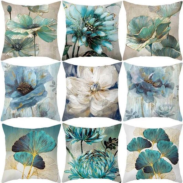 Almohada pintura al óleo flores funda de almohada decorativa para sofá hojas de Ginkgo cubierta de poliéster impresa 45x45cm decoración del hogar