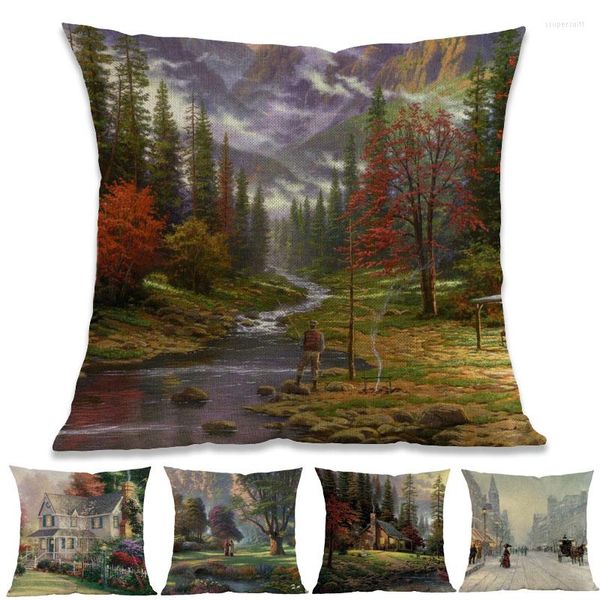 Almohada estilo pintura al óleo paisaje Rural paisaje bosque pueblo en invierno funda de tiro hogar sofá decoración cubierta