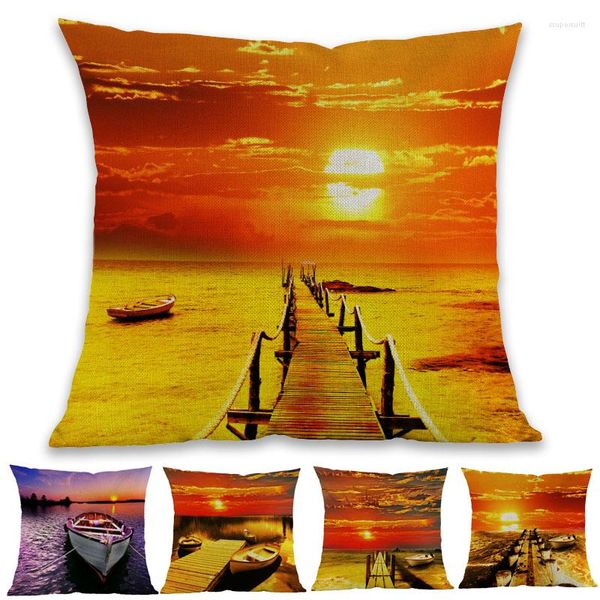 Oreiller peinture à l'huile Style jaune coucher de soleil crépuscule bord de mer paysage bateau pont jeter étui maison galerie décoration canapé couverture