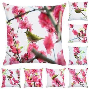 Kussen perzikbloesem en vogelbedekking roze bloemenprint bankkas home decor zachte korte pluche worp 45x45 cm