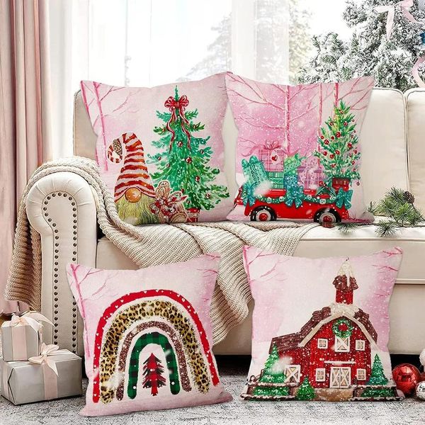 Almohada rosa navidad funda de almohada decoraciones de camión rojo de invierno al aire libre cubierta de patio cuadrado