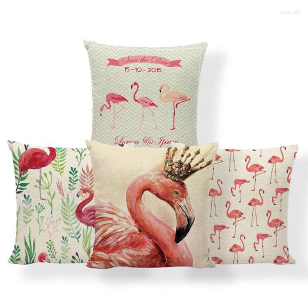 Taie d'oreiller flamant rose, couronne, plume, feuille imprimée, lettre géométrique, décoration, fond jaune et bleu, housse de canapé pour chambre à coucher