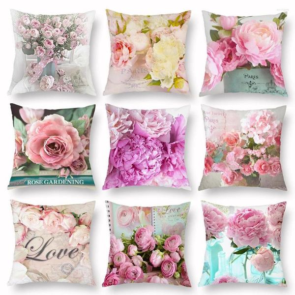 Funda de almohada con diseño de flores rosas, funda de almohada para el hogar, decoración de boda, sofá cama, funda Lumbar para coche, funda de flores rosas de 45x45cm