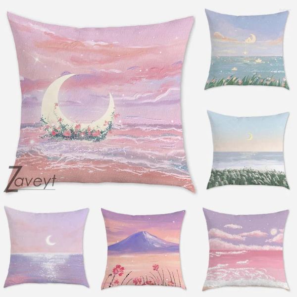 Oreiller rose coucher de soleil lueur marine plage lanscape nager lune moon rose plante guérison série japonais jet d'anime taigne