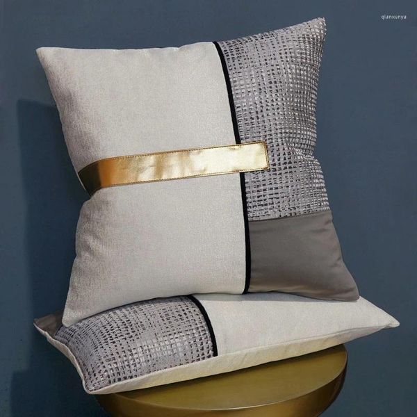 Oreiller en Patchwork PU, taie d'oreiller géométrique en Jacquard, housse décorative grise pour canapé 45x45 30x50, décorations pour la maison