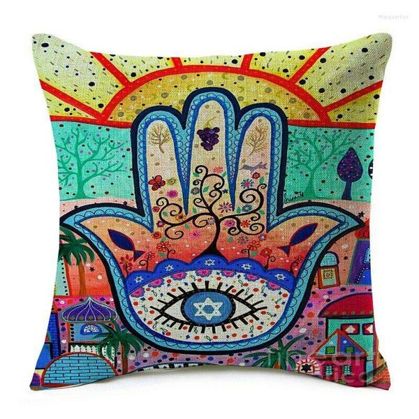 Almohada Ramadán Hamsa Mano de Fátima Mezquita Pintura al óleo Algodón fino Lino Throw Case Cover Oficina Decorativo Sofá Dormitorio 18 pulgadas