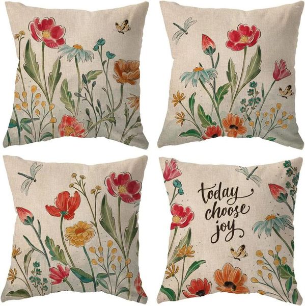 Oreiller fleurs rouges couvre printemps papillon maison Case coton lin décorer couverture florale pour la literie de voiture