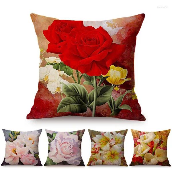 Pillow Rose Rose Style Decoration Case Florals Bouquet Vase Huile Paint Art Print Coton Coton Couverture canapa carrée Cojines