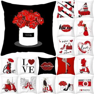 Funda de almohada roja con estampado de parejas dulces, funda de cartón para amantes de Po para el hogar, sofá decorativo, 45x45cm