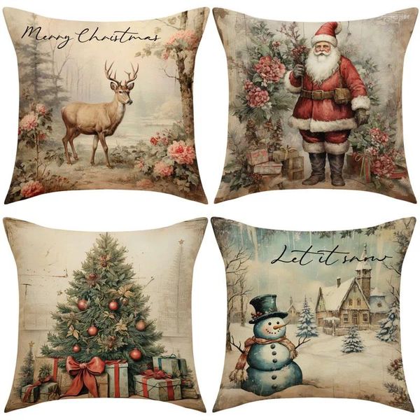 Almohada Retro Navidad Funda de almohada Sala de estar Sofá Cubierta Muñeco de nieve Ciervo Navidad Decoración del hogar Mesita de noche