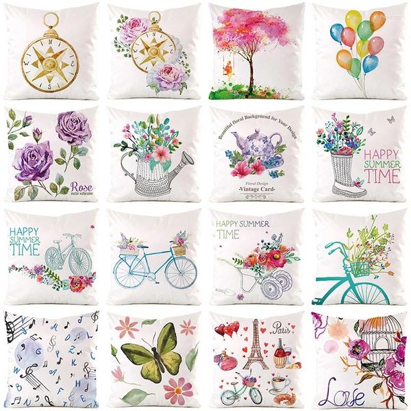 Almohada Flores románticas Cubierta impresa 45 Música feliz Globos de bicicleta Decoración de banquete de boda Funda de almohada para sofá