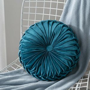 Oreiller rond sol luxe velours citrouille plissé coussin pouf couverture jeter maison canapé tapis (bleu marine)