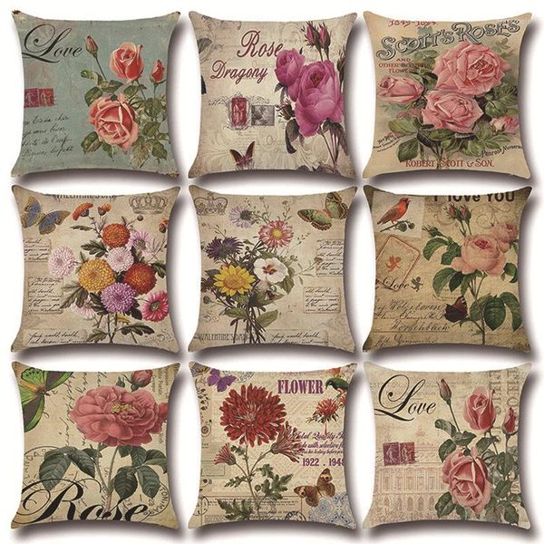 Oreiller rustique fleurs couverture Rose Rose marguerite papillon Vintage plantes florales décor à la maison salon canapé voiture taie d'oreiller