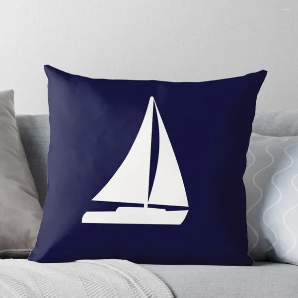 Oreiller Silhouette de voilier sur bleu marine, taie d'oreiller ornementale, décorative