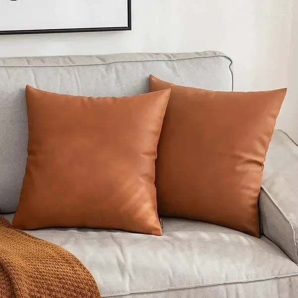 Almohada Funda de almohada de satén 18x18 Fundas de almohadas decorativas marrones de cuero sintético para sofá Cama cuadrada